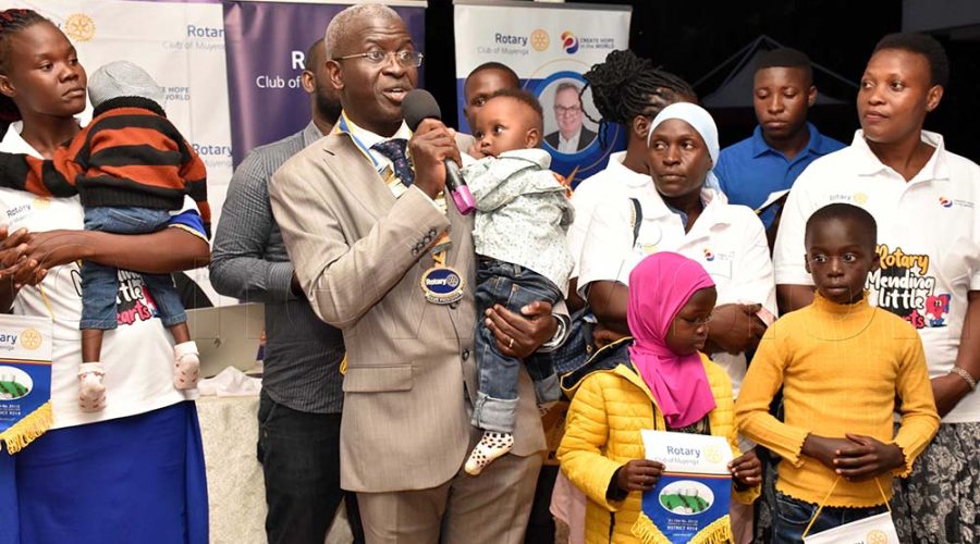 Simon Batte the rotary president of the rotary club of Muyenga addressing rotarians during the flagging off of children with heart complications for an operation to India. This was at Hotel International.